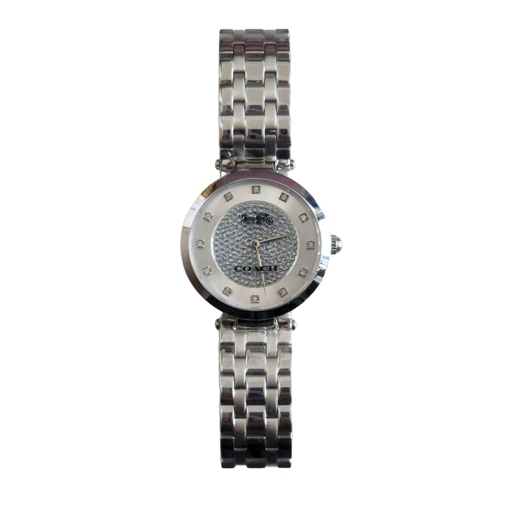 Coach quartz ladies watch with black dial, crystal bezel, and steel bracelet