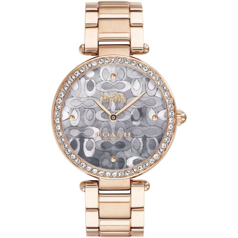 Coach rose gold quartz women's watch with patterned blue dial and crystal bezel