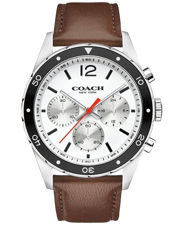 Coach Sullivan chronograph watch with white dial, black bezel, silver case, and brown leather strap