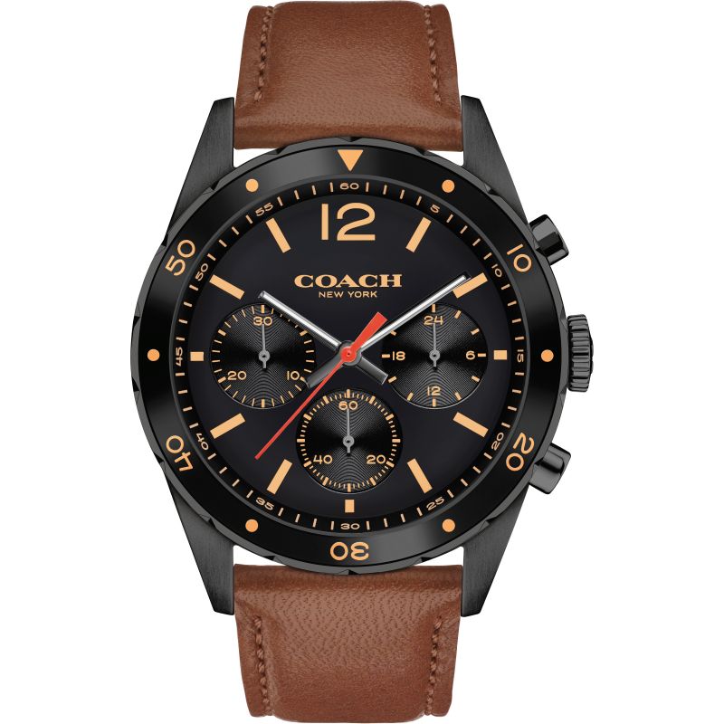 Coach Sullivan chronograph watch with black dial, gold markers, brown leather strap and gunmetal case