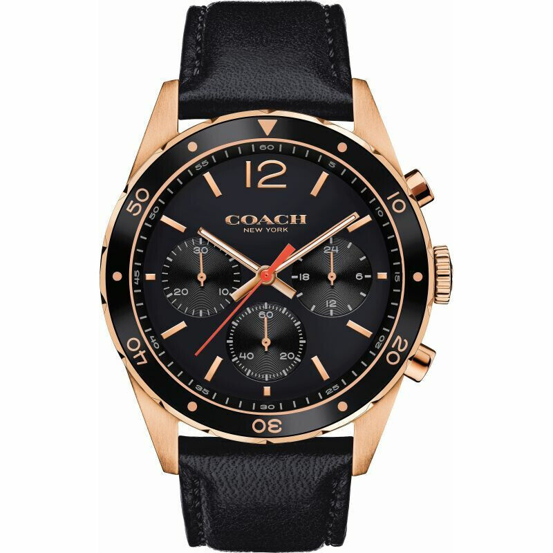 Coach Sullivan chronograph watch with rose gold case, black dial, and black leather strap
