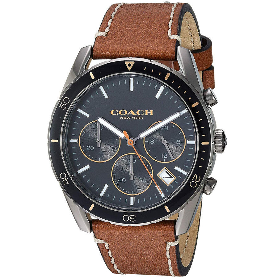 Coach Thompson chronograph watch with dark blue dial and brown leather strap