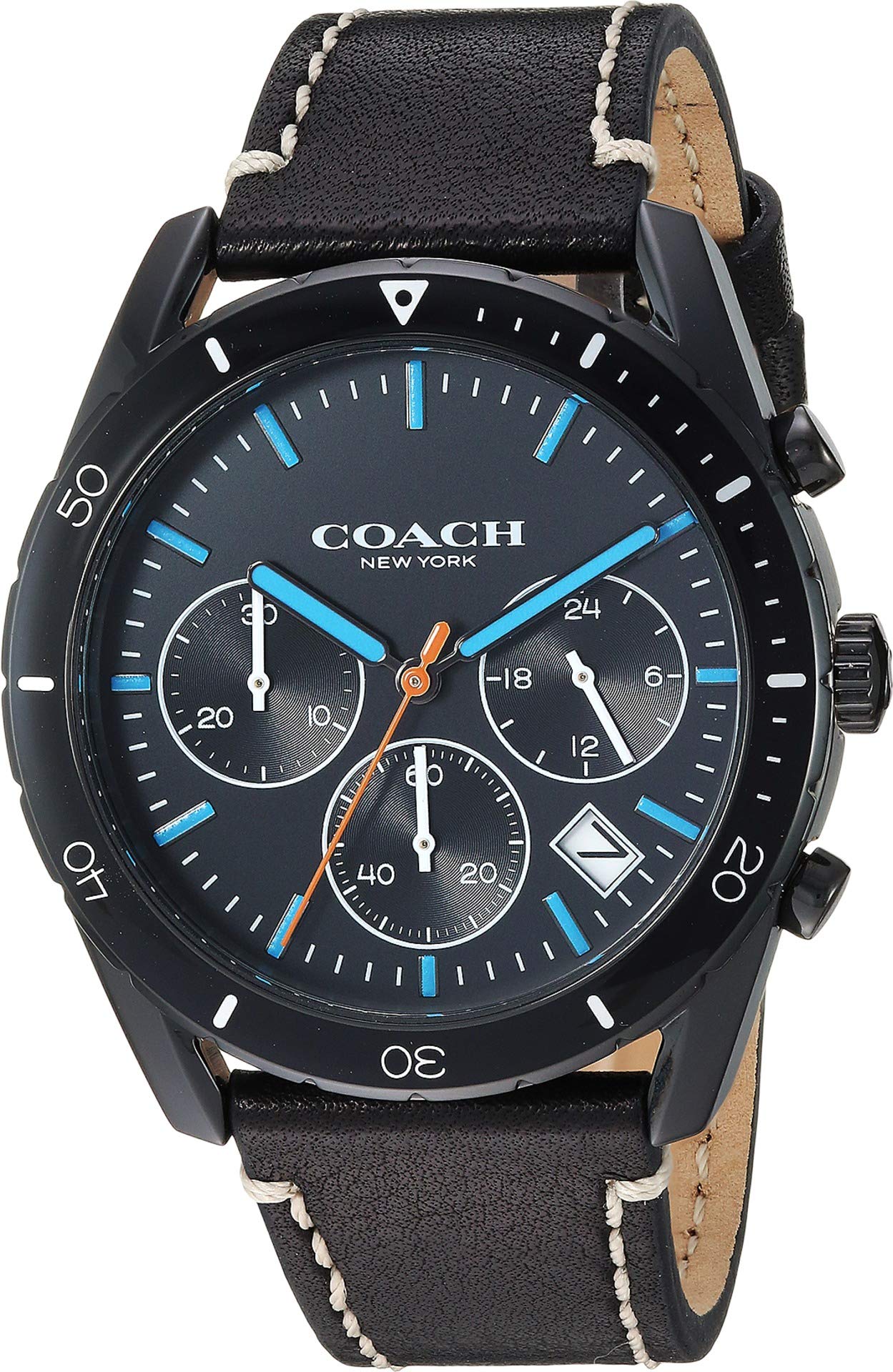 Coach Thompson black chronograph watch with blue hands and subdials on black leather strap