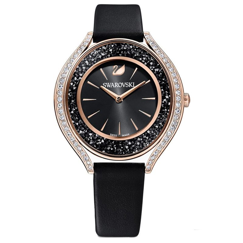 Cocktail Swiss Made stainless steel watch with black dial, crystal-embellished bezel, and black leather strap