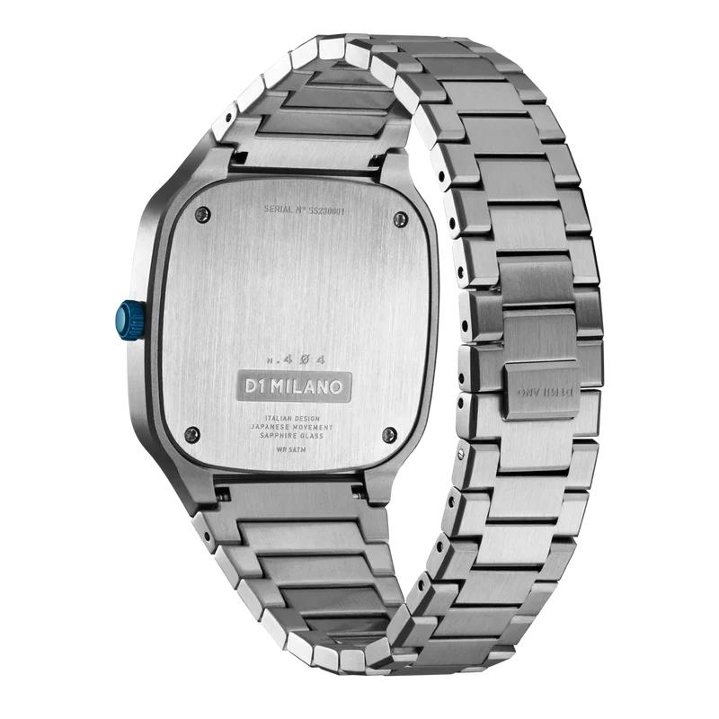 D1 Milano SQBJ01 silver watch caseback with bracelet displayed