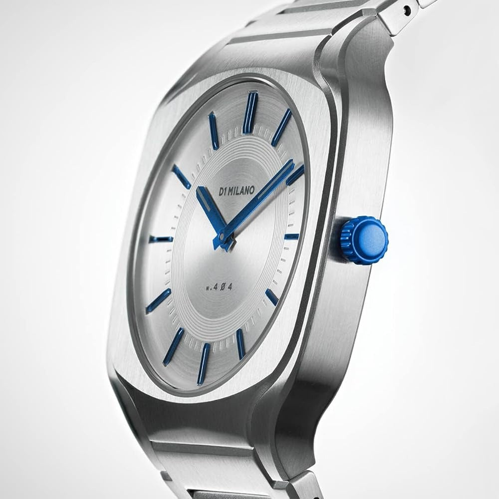 D1 Milano SQBJ01 silver square watch side profile showing case thickness and crown