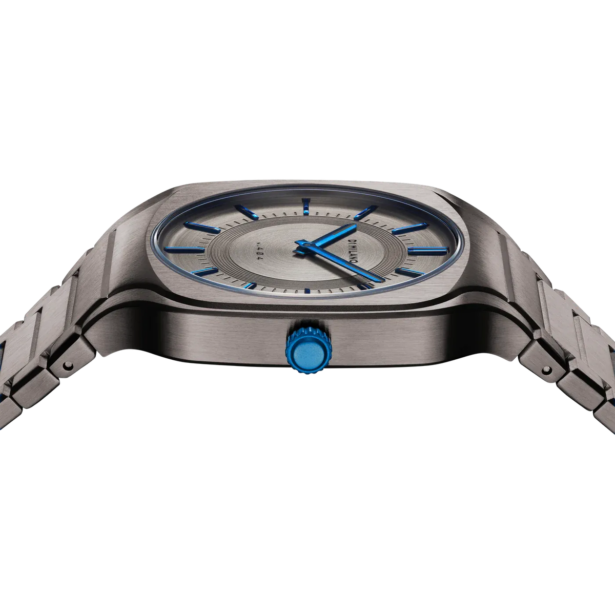 D1 Milano Square titanium watch angled view showing case and integrated bracelet