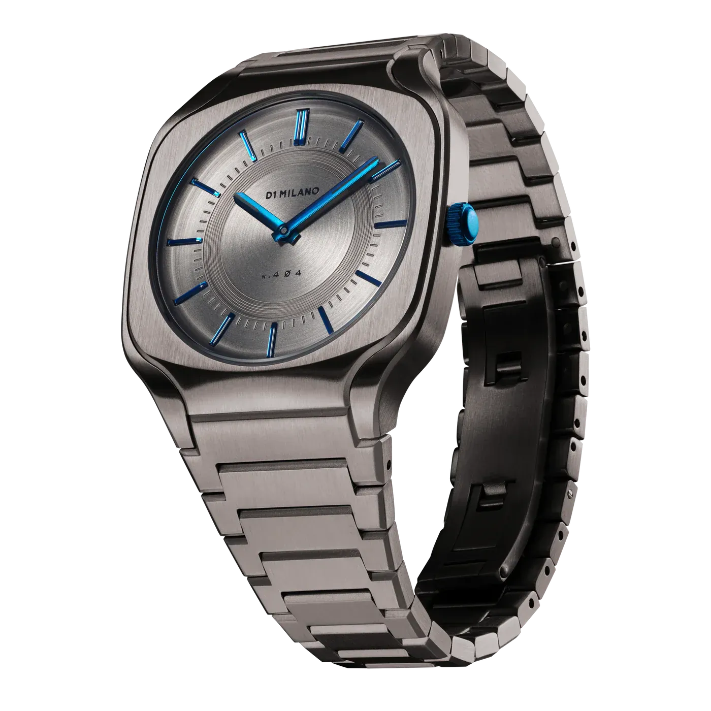 D1 Milano Square titanium watch at angle showing case profile and bracelet