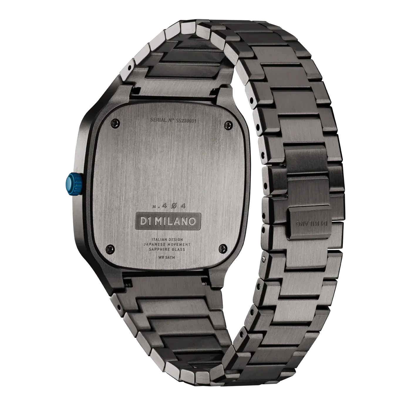 D1 Milano SQBJ02 case back showing titanium case and N.404 engraving
