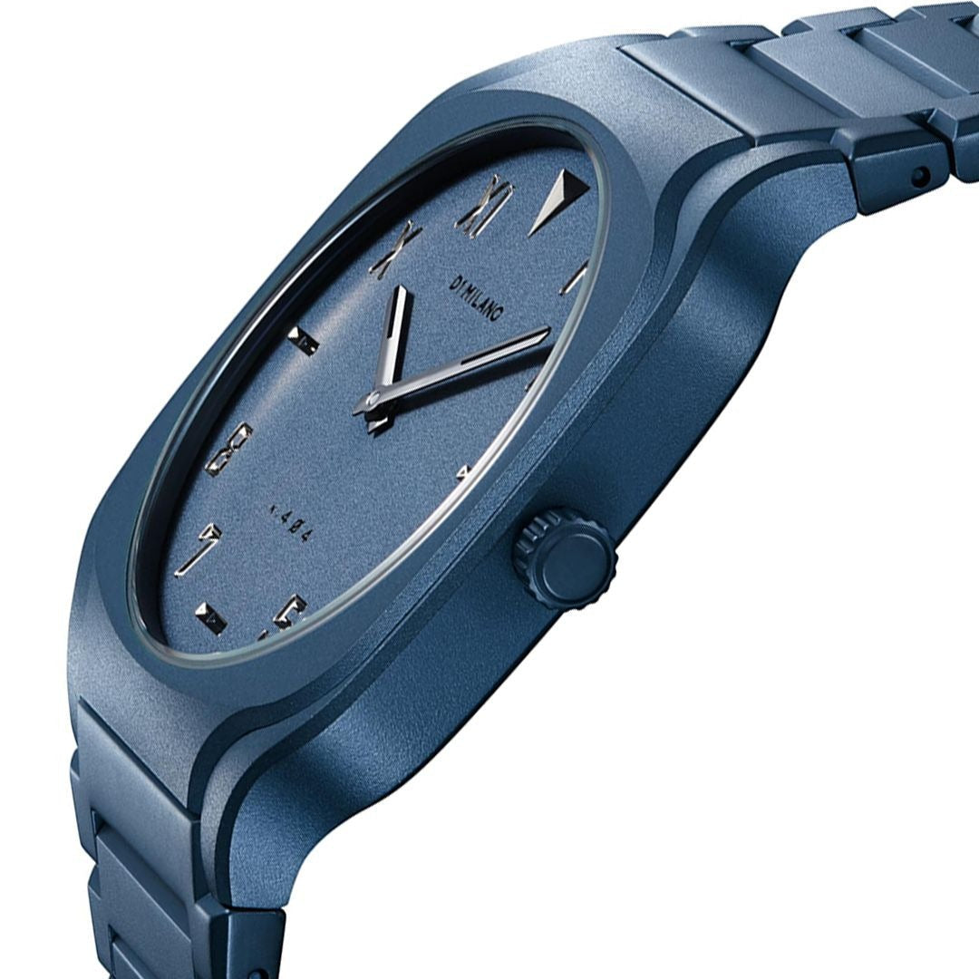 D1 Milano Square Galaxy Blue watch side angle view showing case profile and dial
