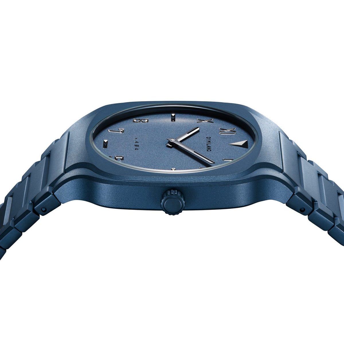 D1 Milano Square Galaxy Blue watch dial close-up showing minimalist indices and hands