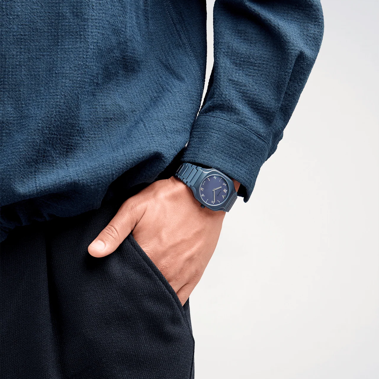 D1 Milano Square Galaxy Blue watch worn on wrist with blue dial visible