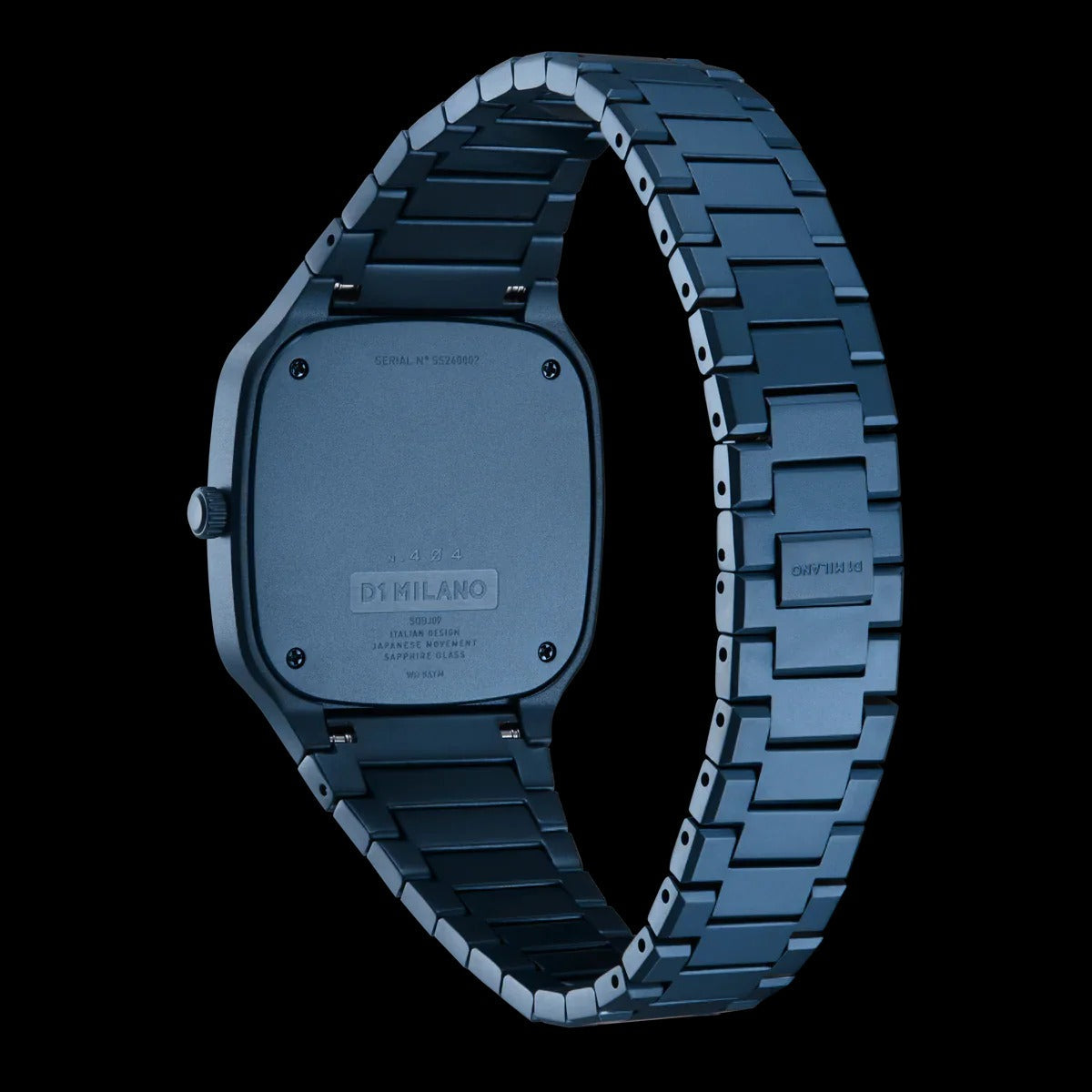 D1 Milano Square Galaxy Blue watch side view showing case thickness and steel bracelet