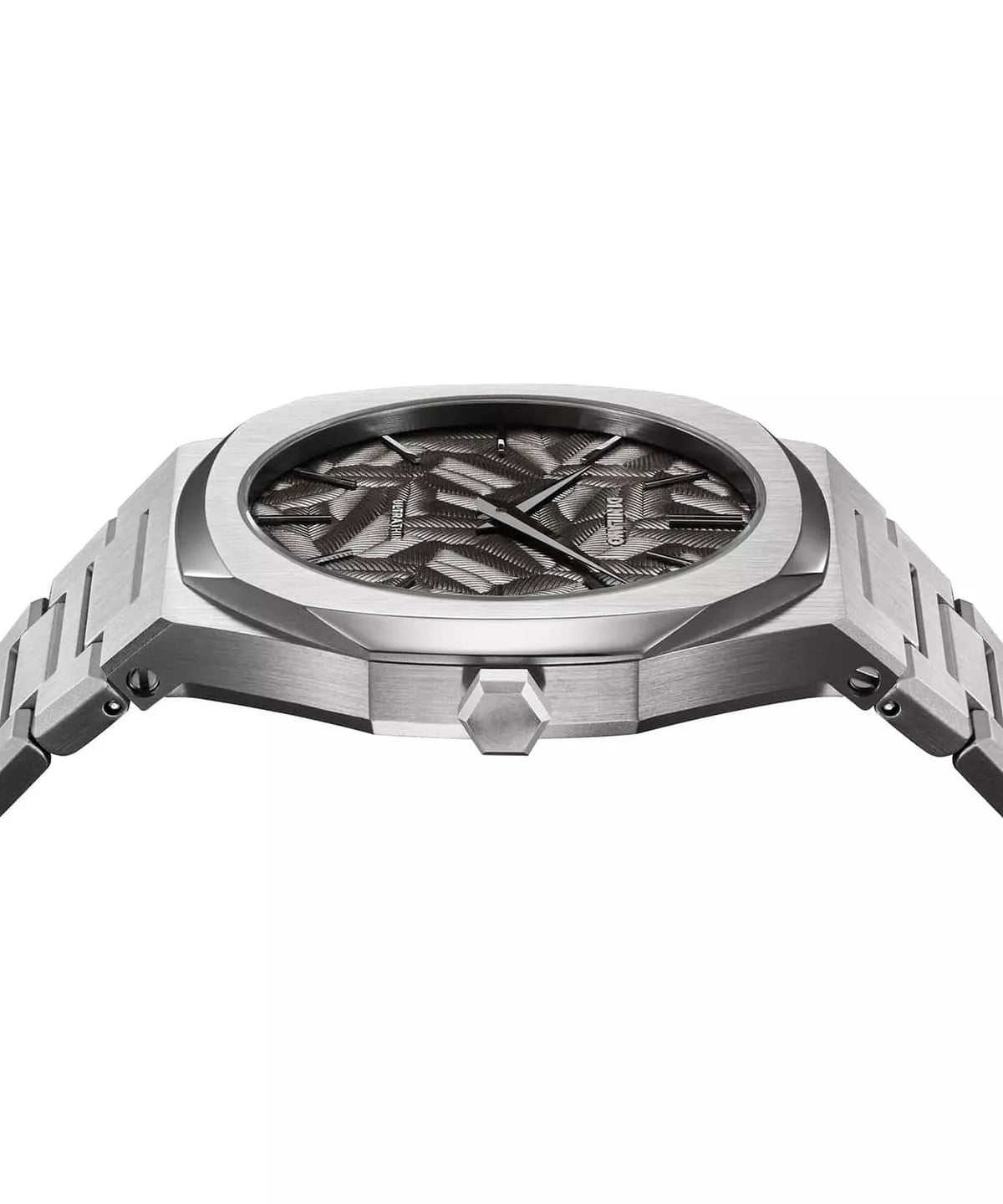 Side angle view of D1 Milano Ultra Thin Ashfield watch showing stainless steel case and bracelet