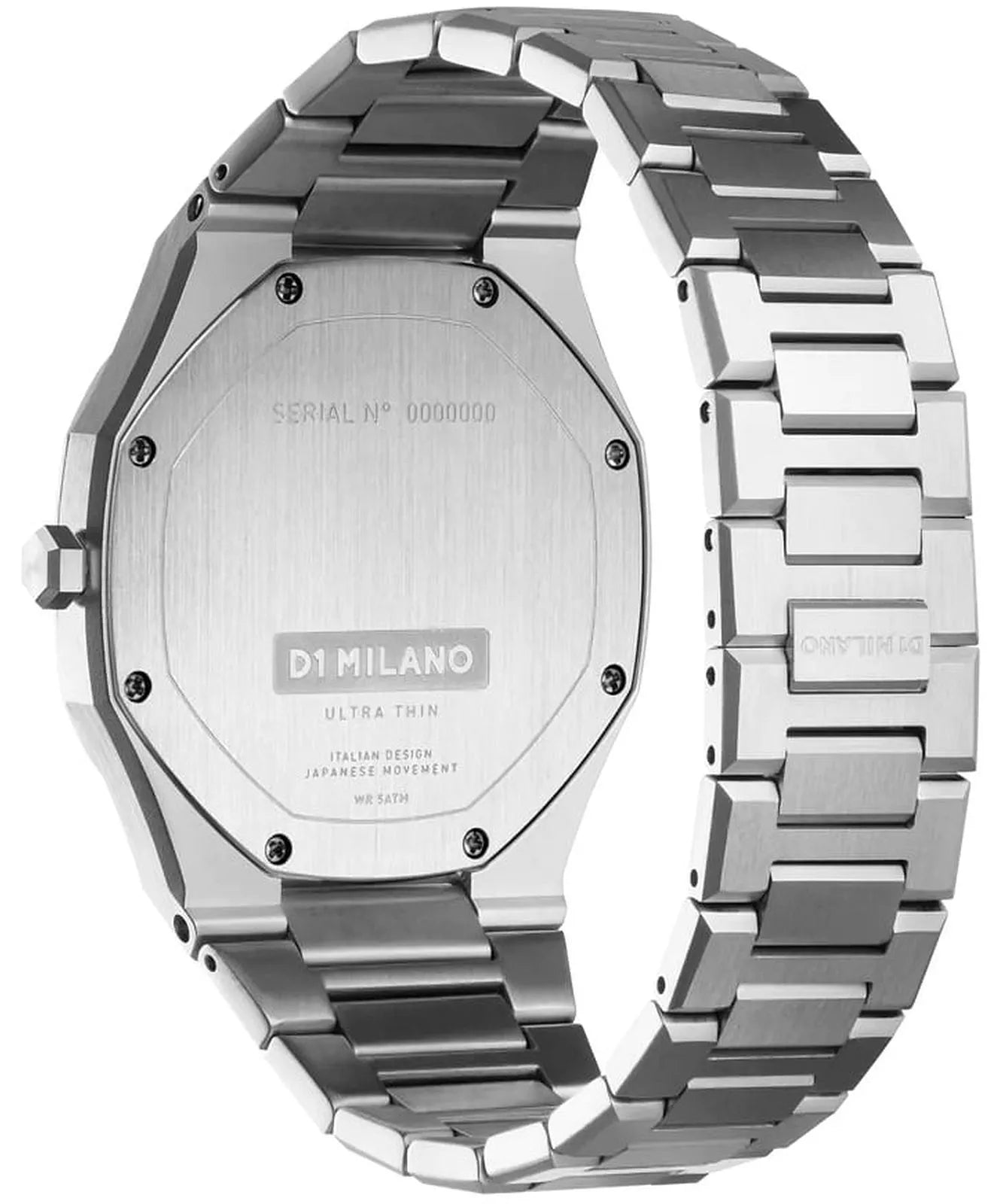 Caseback of D1 Milano Ultra Thin Ashfield watch showing stainless steel case back and bracelet