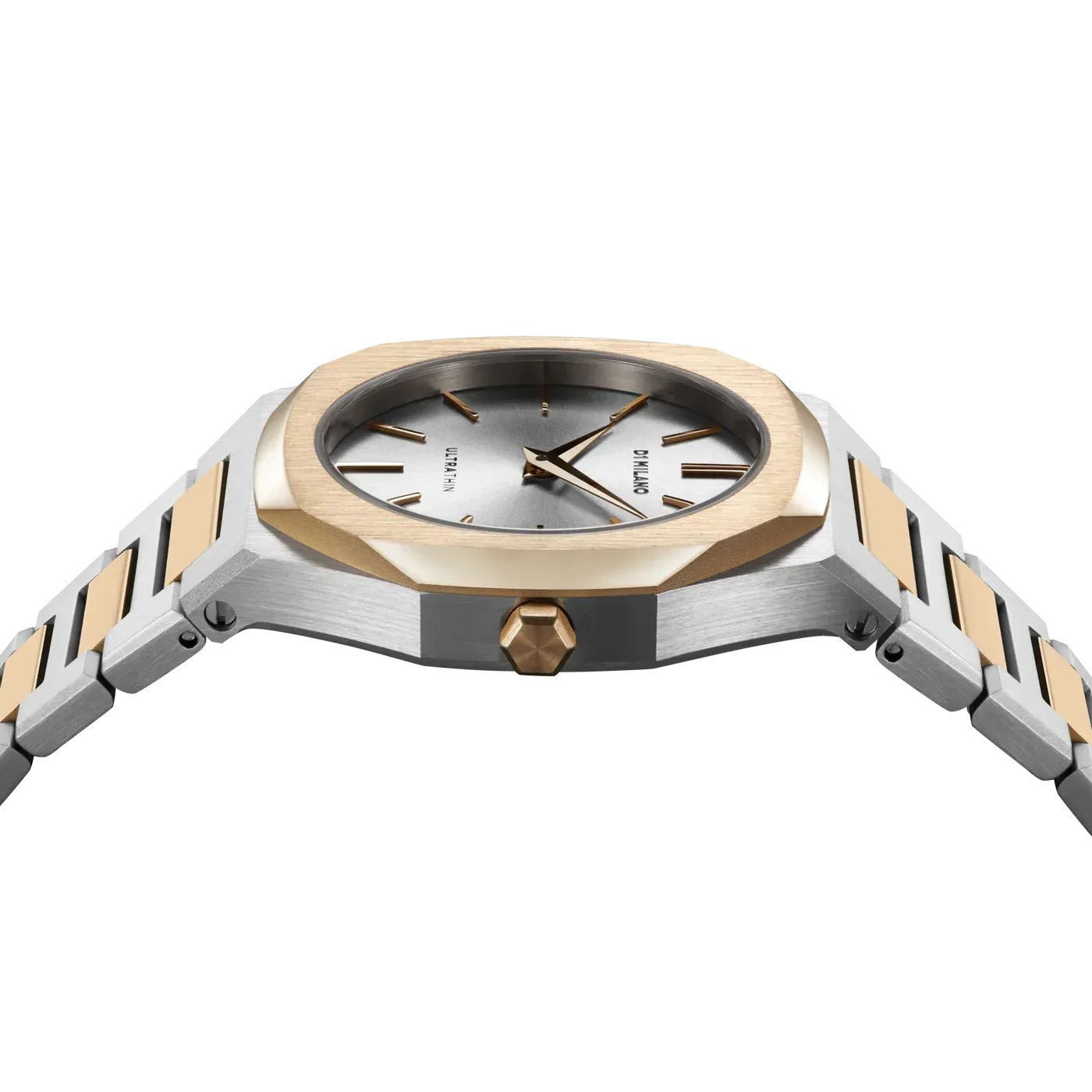 Angled side view of D1 Milano Ultra Thin Edge watch with two-tone stainless steel bracelet