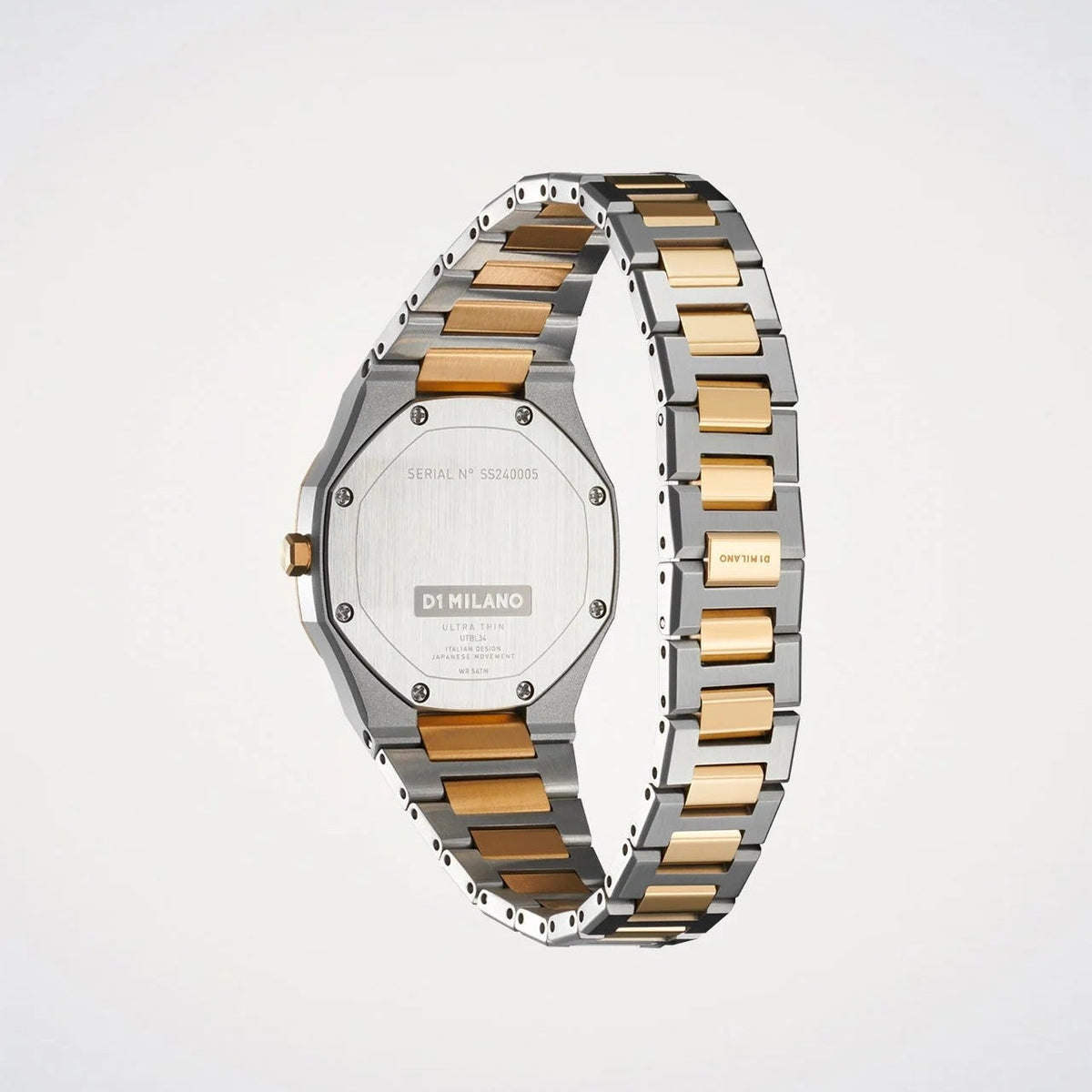 D1 Milano Ultra Thin Edge watch angled view displaying full two-tone bracelet and thin profile