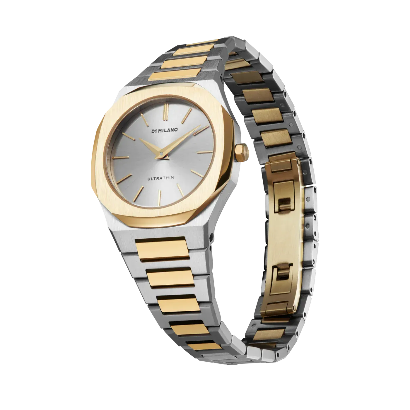 D1 Milano Ultra Thin Edge 30mm watch angled view showing silver dial and two-tone bracelet