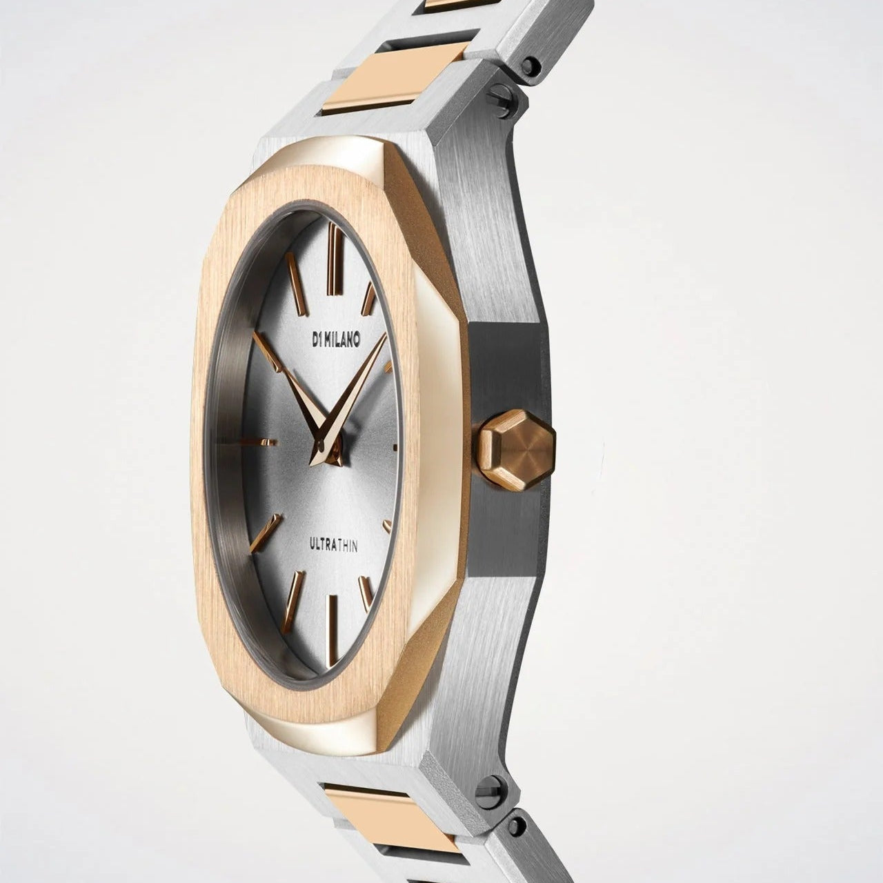 Side profile of D1 Milano Ultra Thin Edge watch displaying thin case and rose gold crown