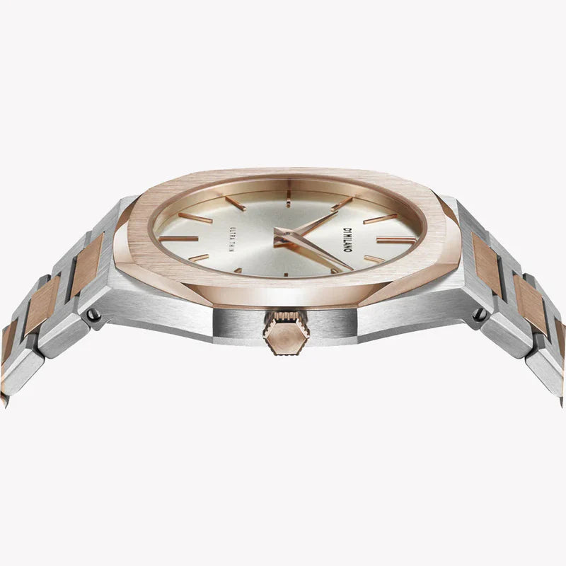 Side angle view of D1 Milano UTBJ01 watch showing rose gold case and two-tone bracelet