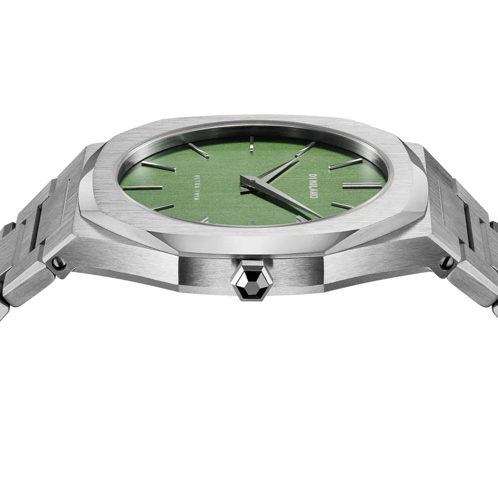 D1 Milano UTBJ06 Ultra Thin watch angled view showing green dial and case design
