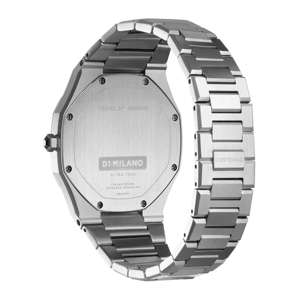 D1 Milano UTBJ06 Ultra Thin watch caseback showing serial number and two-tone bracelet