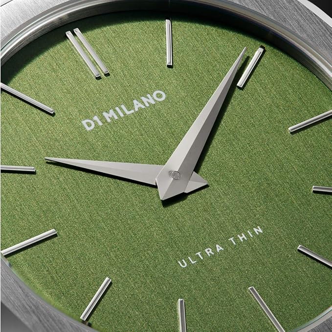 D1 Milano UTBJ06 Ultra Thin watch dial detail showing green face and silver hour markers