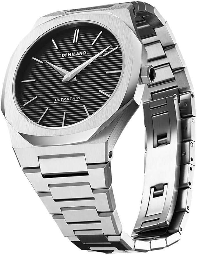 D1 Milano UTBJ14 angled view of black dial with horizontal stripes and metal bracelet