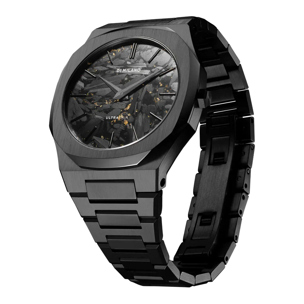 D1 Milano Ultra Thin UTBJ31 black watch displayed at angle showing dial and strap