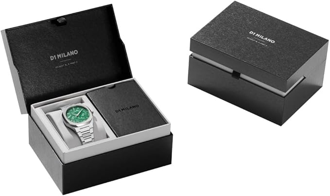 D1 Milano watch with green dial in black presentation box and packaging