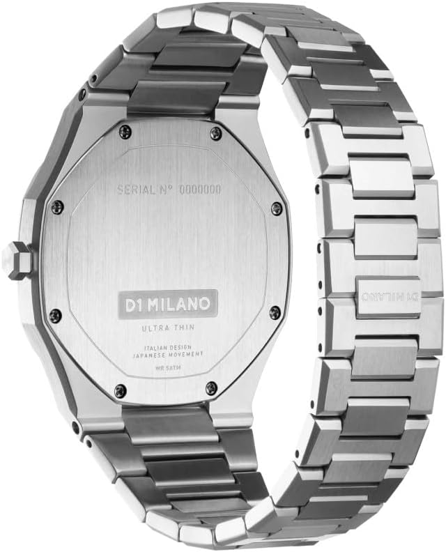 D1 Milano Ultra Thin watch caseback showing serial number and stainless steel bracelet