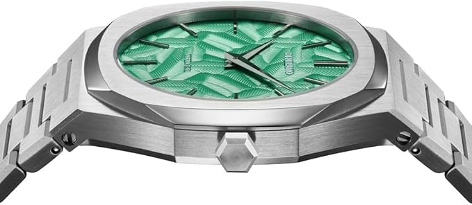 Close-up of D1 Milano green textured dial with hour markers and hands