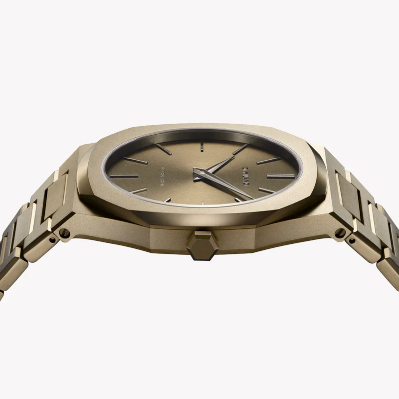 D1 Milano UTBJ36 watch angled side view showing gold case and dial details