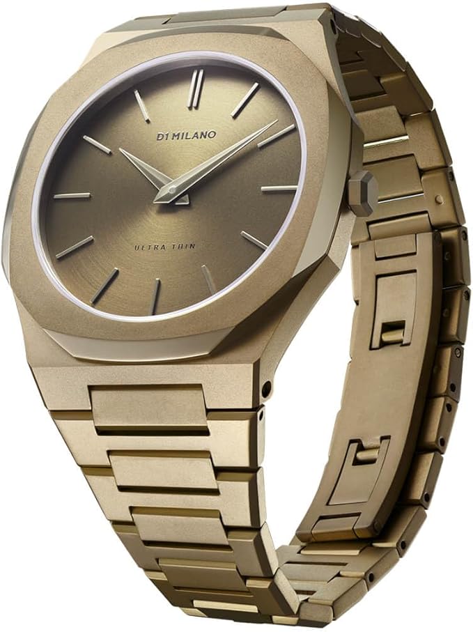 D1 Milano UTBJ36 gold quartz watch side profile with octagonal case and strap