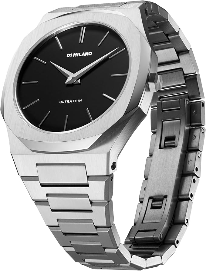 D1 Milano Ultra Thin 40mm watch showing side profile and stainless steel bracelet