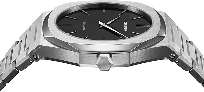 D1 Milano Ultra Thin watch dial detail with black face and minimalist indices