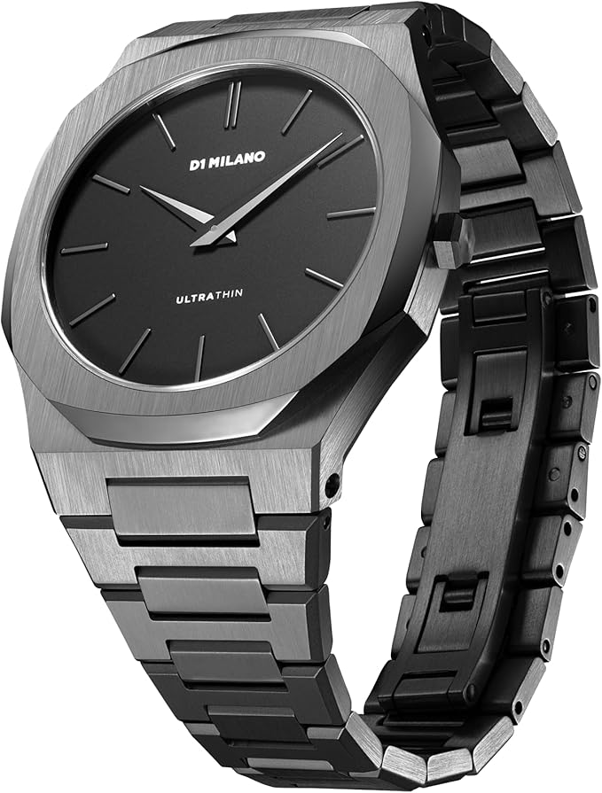 D1 Milano Ultra Thin watch angle view showing black dial and gunmetal steel bracelet
