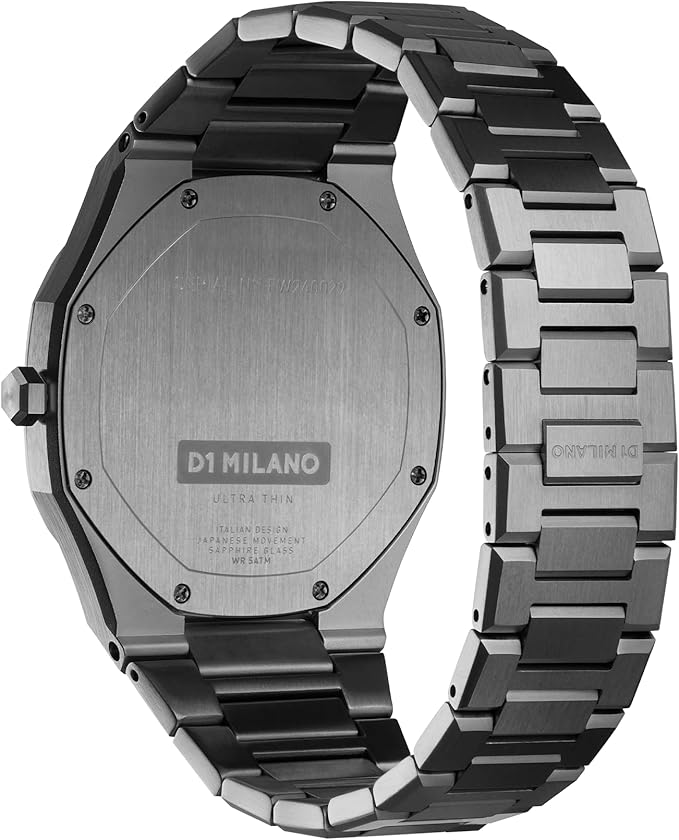 D1 Milano Ultra Thin UTBJ41 watch caseback showing gunmetal steel and branding