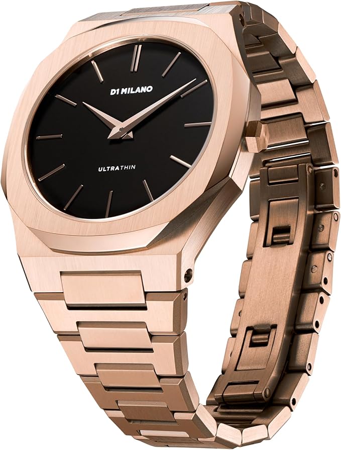 D1 Milano Ultra Thin 40mm rose-gold PVD watch at three-quarter angle showing case and bracelet