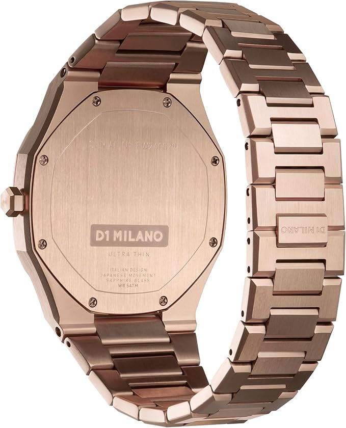 D1 Milano Ultra Thin 40mm caseback showing rose-gold PVD stainless steel with engravings