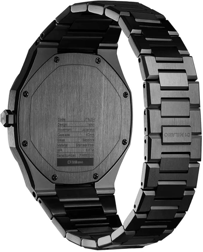 D1 Milano UTBJSH watch caseback showing specifications and metal construction