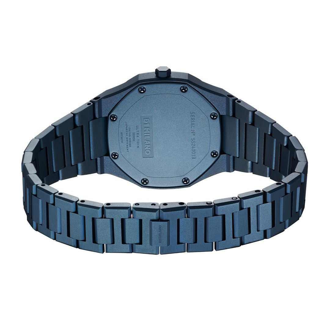 D1 Milano UTBL33 back view displaying blue stainless steel case back