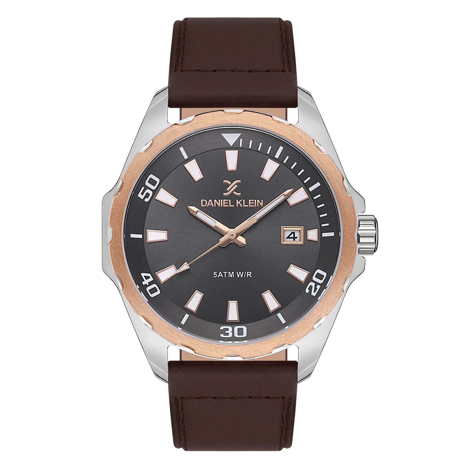 Daniel Klein two-tone watch with grey dial, date window, and brown leather strap