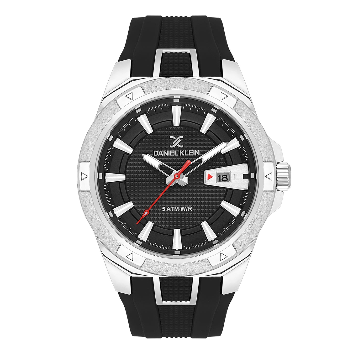 Daniel Klein silver men's watch with black dial, date window, and black silicone strap