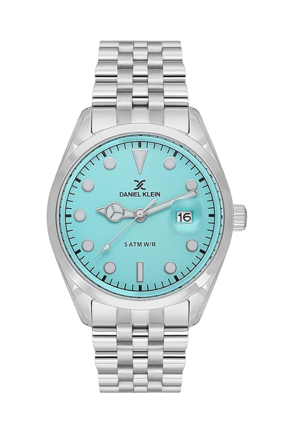 Daniel Klein Premium watch on wrist showing turquoise dial and silver bracelet
