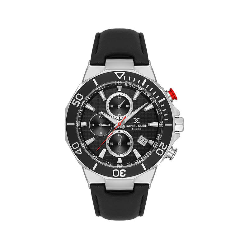 Daniel Klein multifunction watch with black dial, silver case, and black leather strap