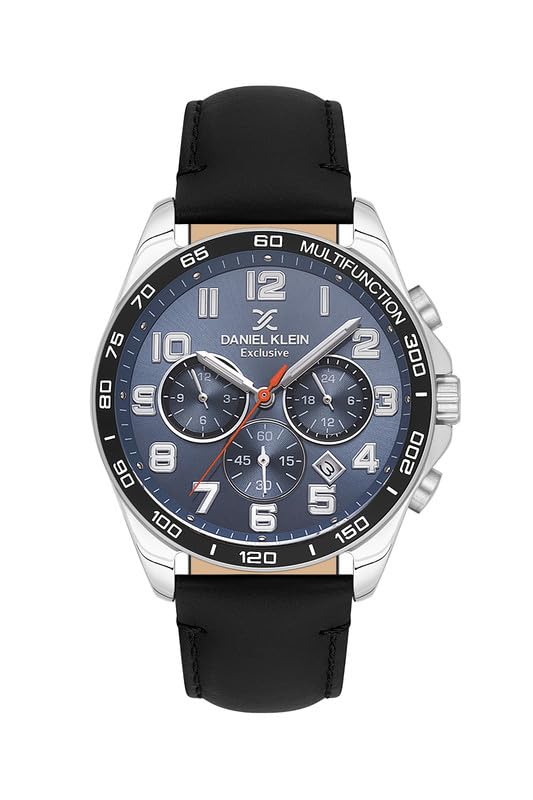 Daniel Klein Exclusive chronograph watch with blue dial, silver case and black leather strap