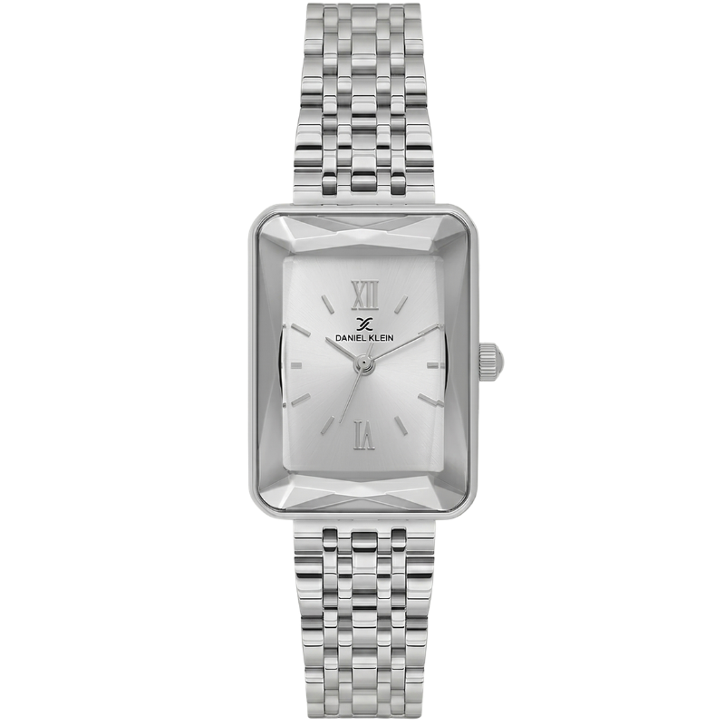 Daniel Klein DK.1.13875-1 rectangular silver watch with Roman numeral dial and matching bracelet