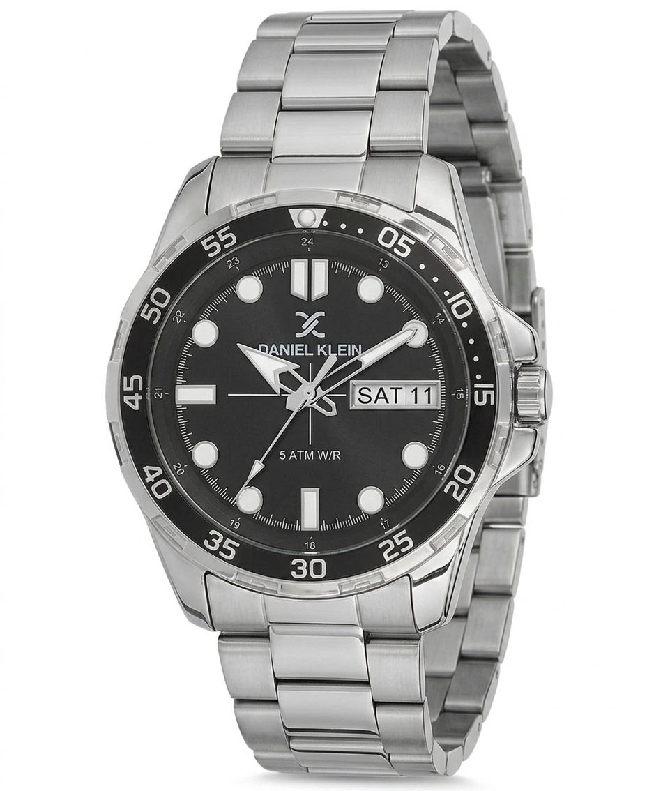 Daniel Klein Premium watch with black dial, day-date window, and silver stainless steel bracelet