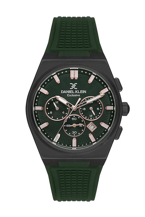 Daniel Klein Exclusive multifunction watch with green dial, black case, and green silicone strap